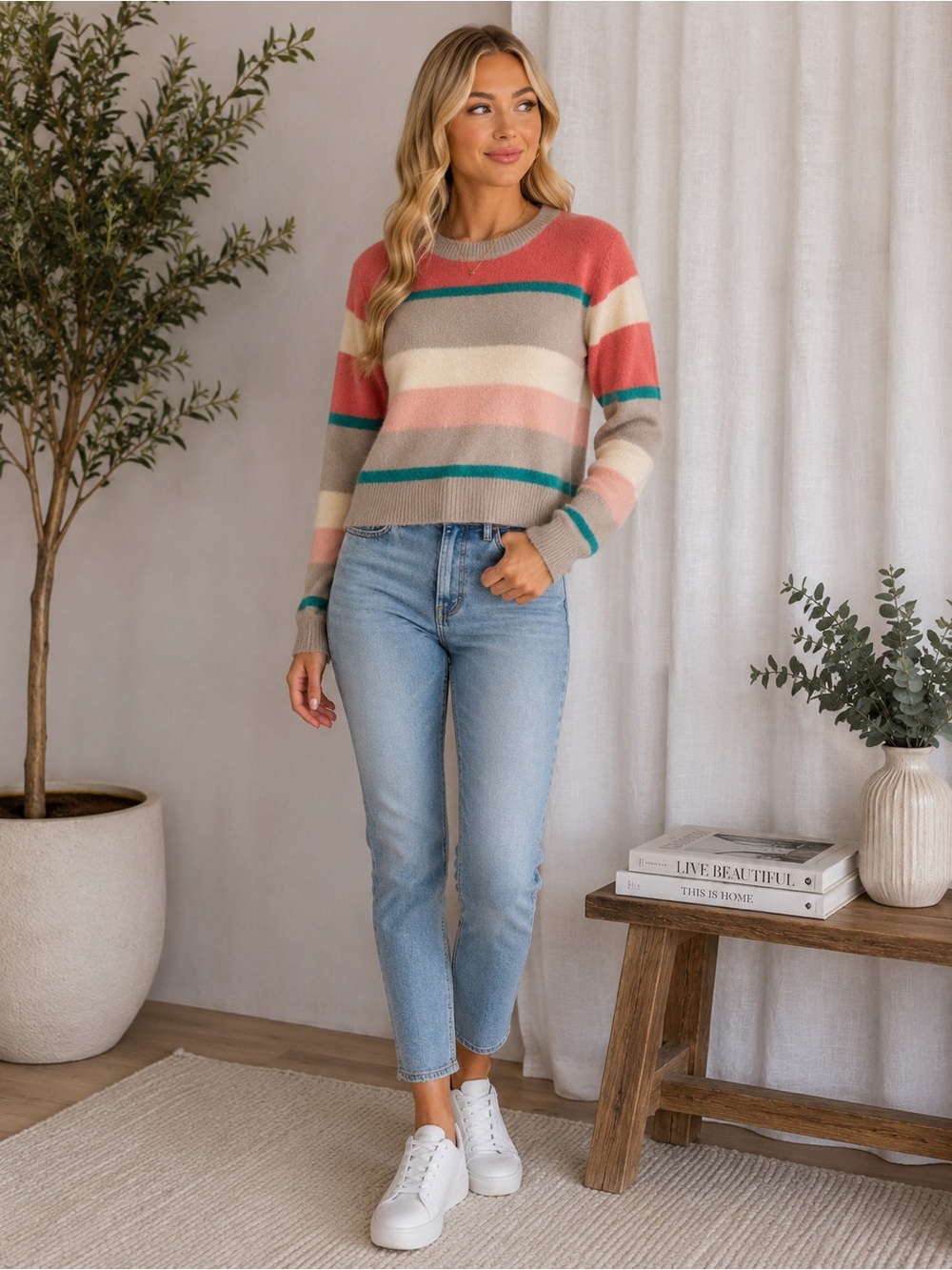 Cotton Emporium Pastel Striped Soft Knit Sweater Coral Beige | Size M